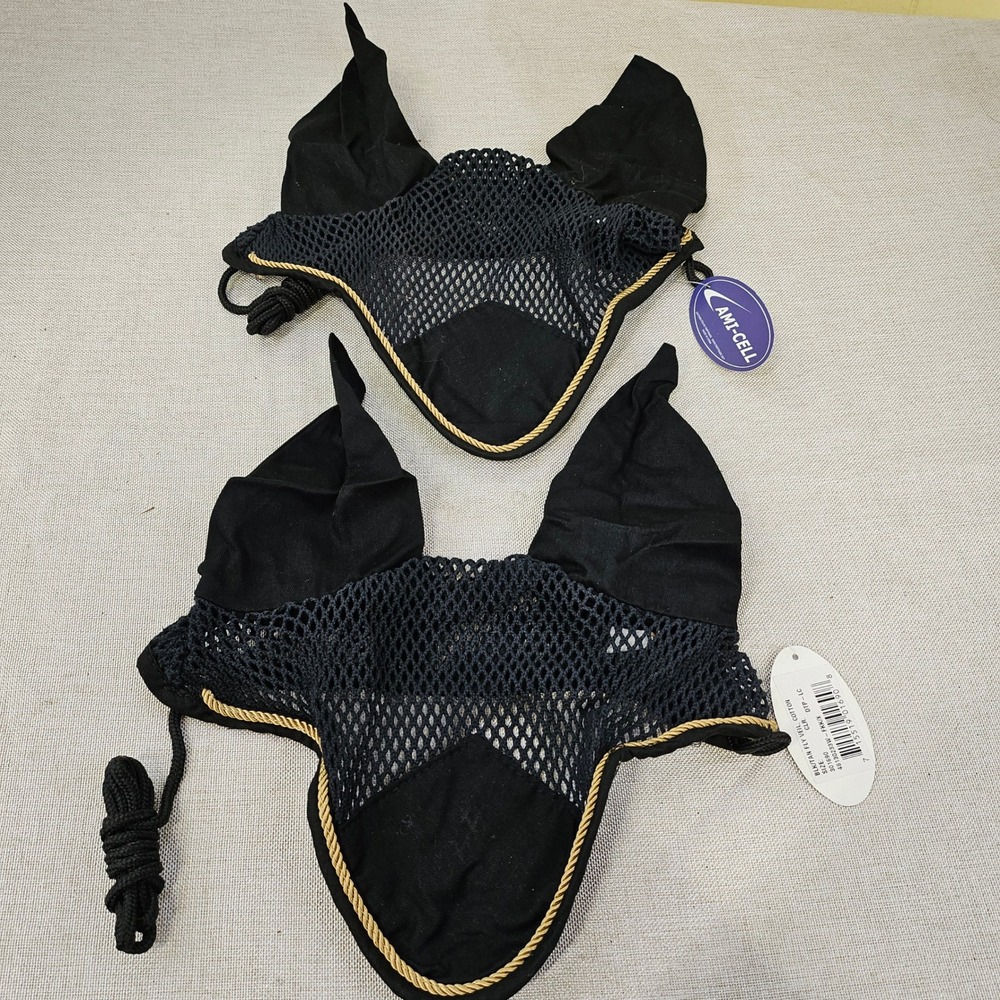 AMI-CELL Black/Gold Fly Veil Cotton Horse‎ Ear Net Protection New lot of 2